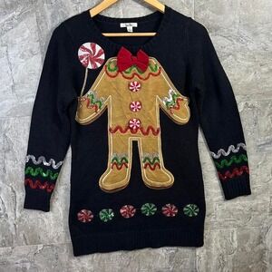 Black sweater dress embroidered gingerbread man design Woman's Small holidayvibe